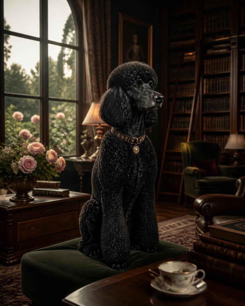 A regal black poodle in an elegant library overlooking a garden of pink English tea roses